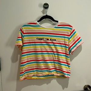 "Tommy Jeans Hilfiger Striped Crop Shirt - Red/Blue/Yellow/Pink - Women's Large